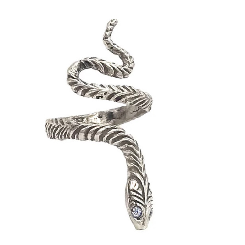 Sterling Silver Snake Ring With Diamond Eyes - Love Tokens - Handmade